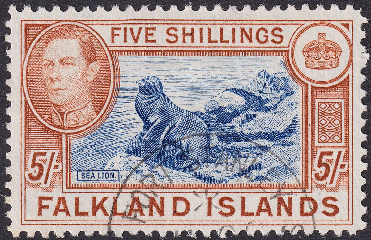 Falkland Islands 1938 KGVI 5sh Indigo and Pale Yellow-Brown Used SG161b cat £90