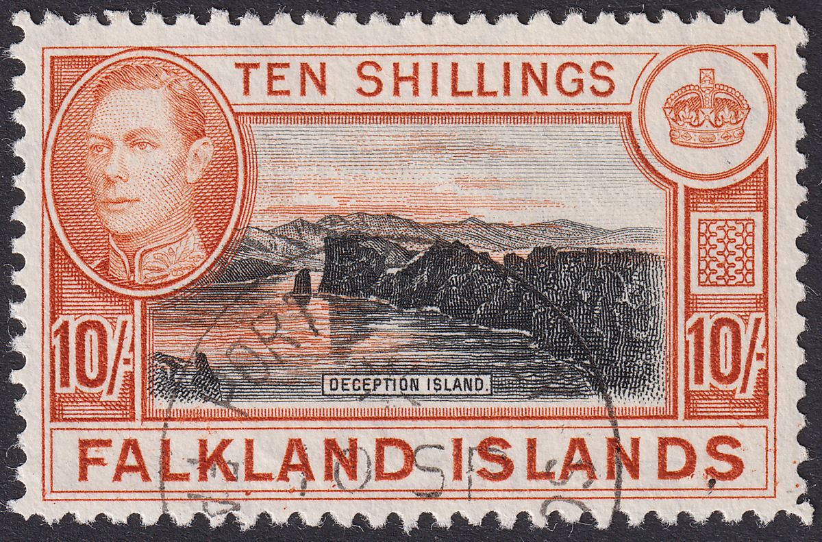 Falkland Islands 1942 KGVI 10sh Black and Light Orange Used SG162a cat £65