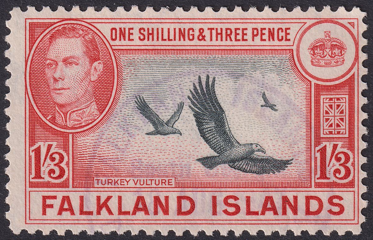 Falkland Islands 1944 KGVI 1sh3d Used with SOUTH GEORGIA Postmark SG Z84 cat £90