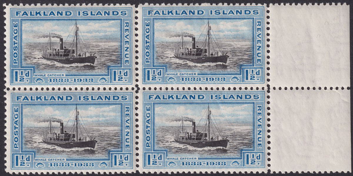 Falkland Islands 1933 KGV Centenary 1½d Marginal Block of 4 Mint SG129