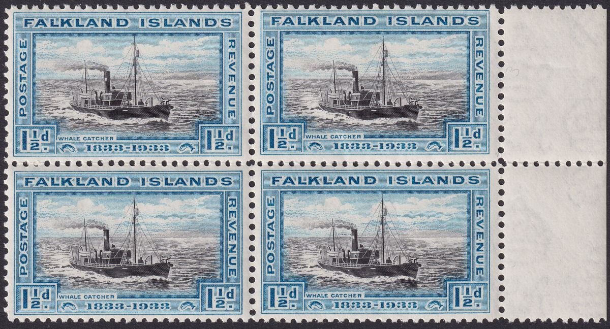 Falkland Islands 1933 KGV Centenary 1½d Marginal Block of 4 Mint SG129