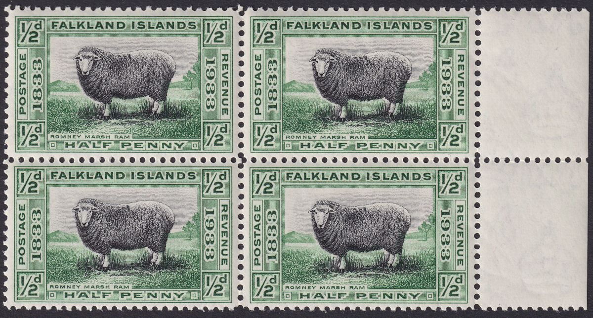 Falkland Islands 1933 KGV Centenary Marsh Ram ½d Marginal Block of 4 Mint SG127