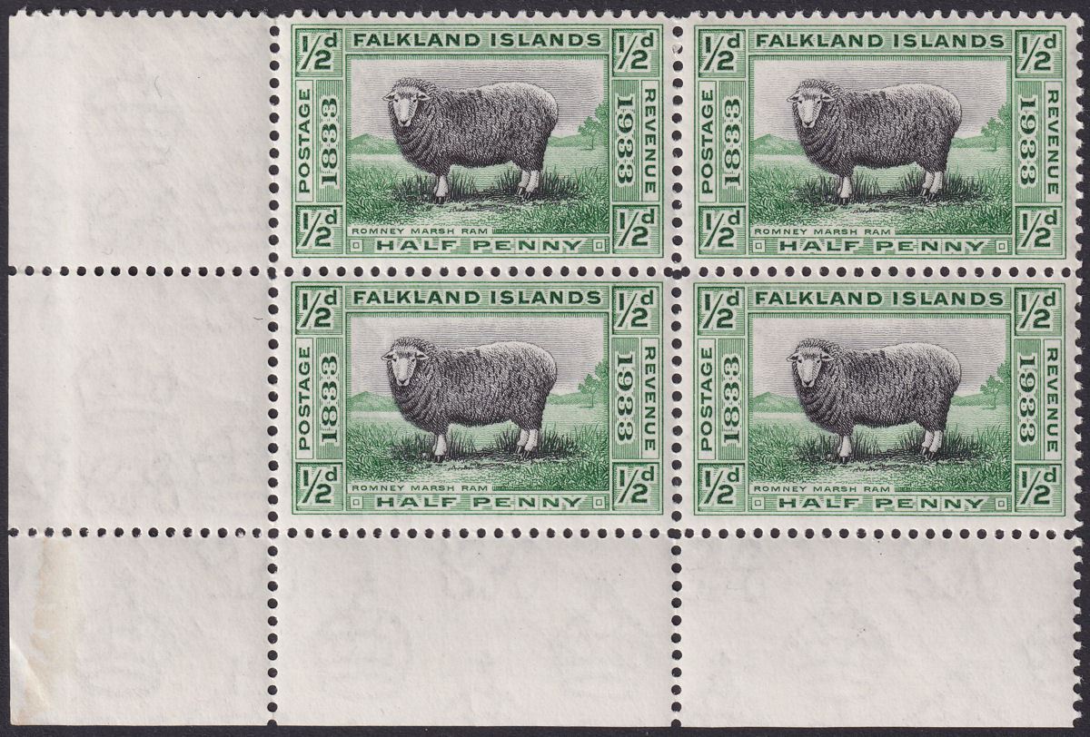 Falkland Islands 1933 KGV Centenary Marsh Ram ½d Corner Block of 4 Mint SG127