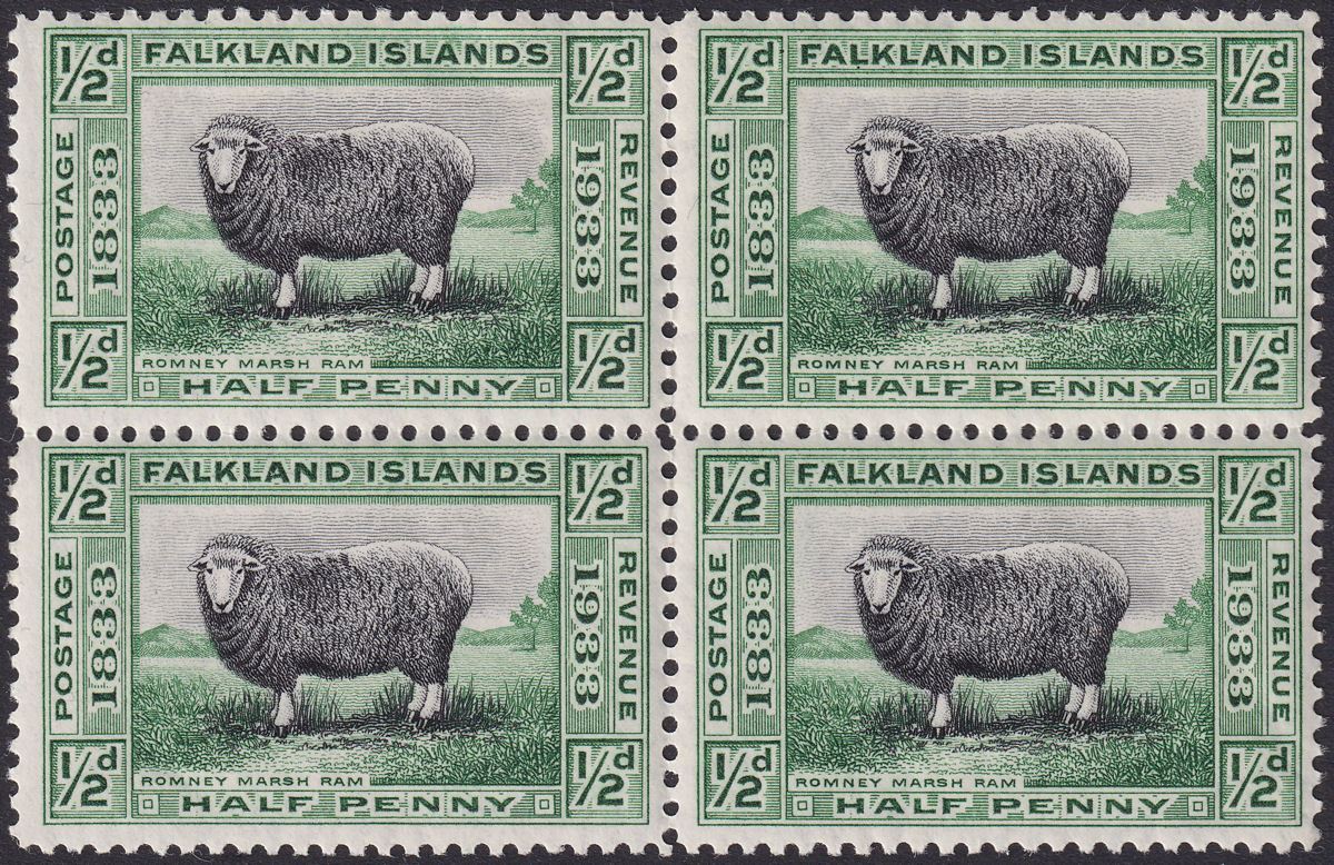 Falkland Islands 1933 KGV Centenary Marsh Ram ½d Block of 4 Mint SG127