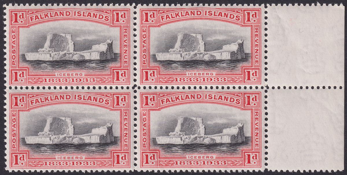 Falkland Islands 1933 KGV Centenary Iceberg 1d Marginal Block of 4 Mint SG128