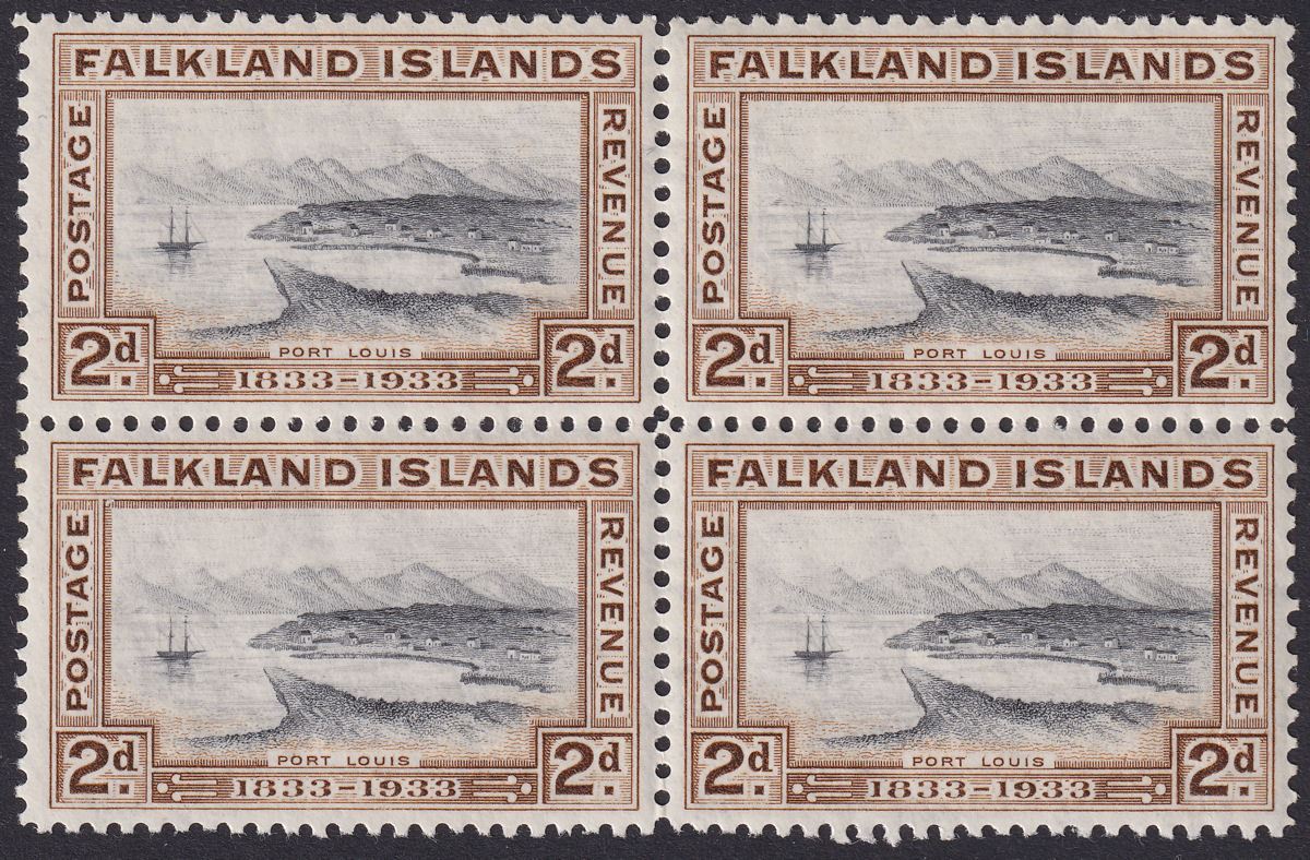 Falkland Islands 1933 KGV Centenary 2d Port Louis Block of 4 Mint SG130 cat £52