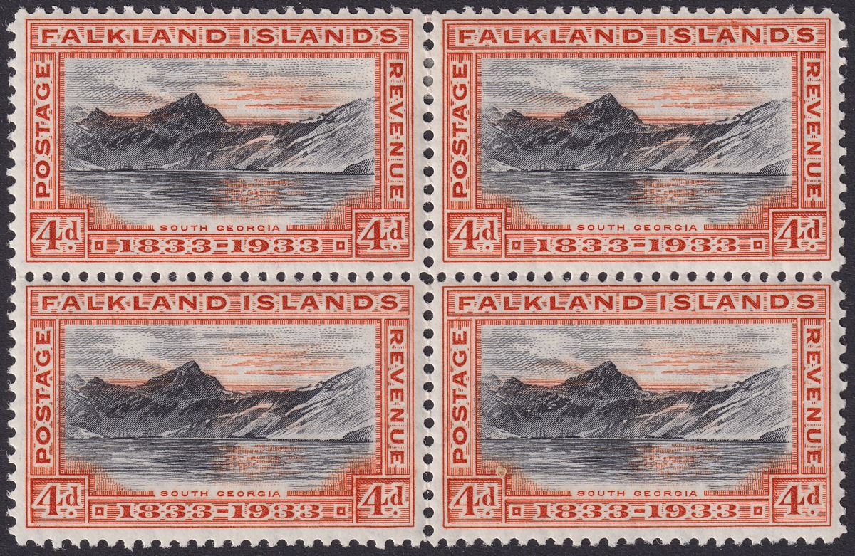 Falkland Islands 1933 KGV Centenary 4d South Georgia Block of 4 Mint SG132 c£104