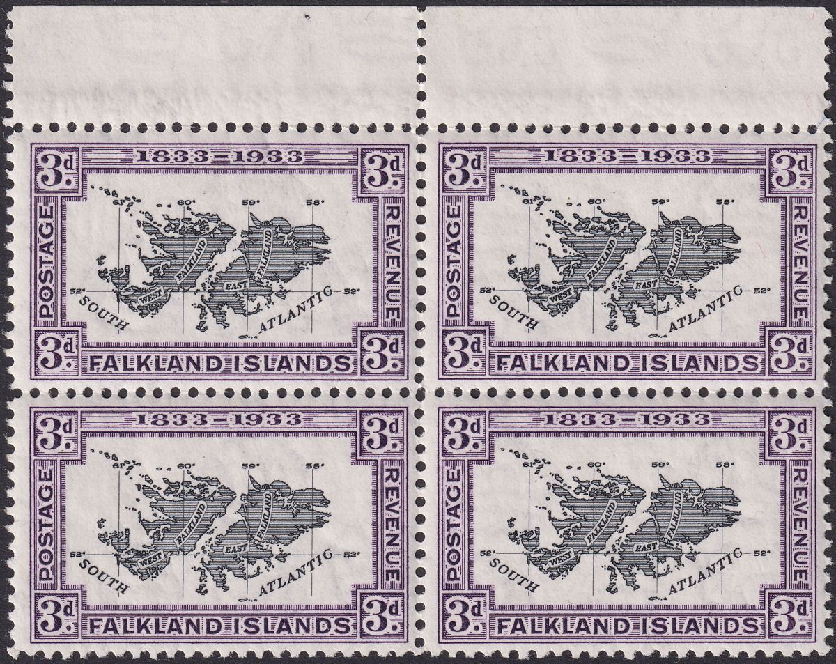 Falkland Islands 1933 KGV Centenary Map 3d Marginal Block of 4 Mint SG131 c£112