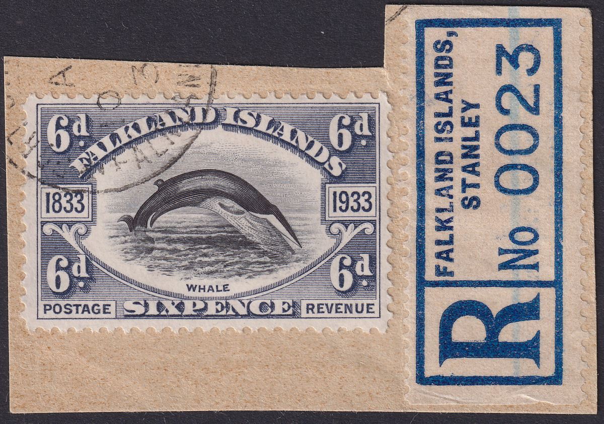 Falkland Islands 1933 KGV Centenary Fin Whale 6d Used Reg Piece SG133 cat £95