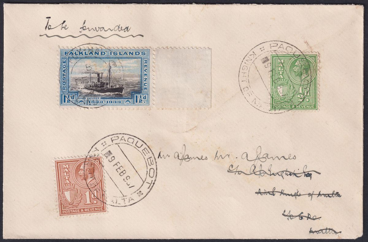 Falkland Islands 1936 KGV Cent 1½d Used Cover FOX BAY Malta Paquebot Postmarks