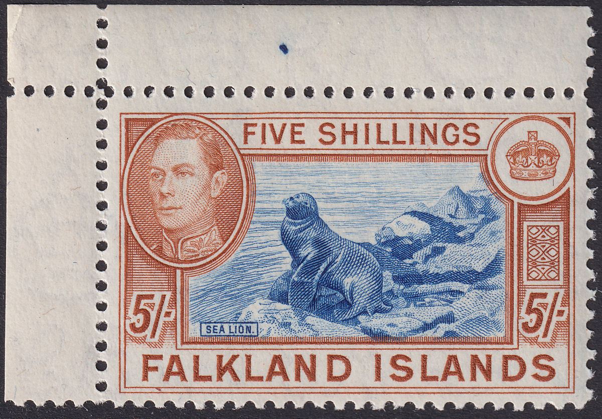 Falkland Islands 1949 KGVI 5sh Dull Blue + Yellow-Brown UM Mint SG161c cat £140