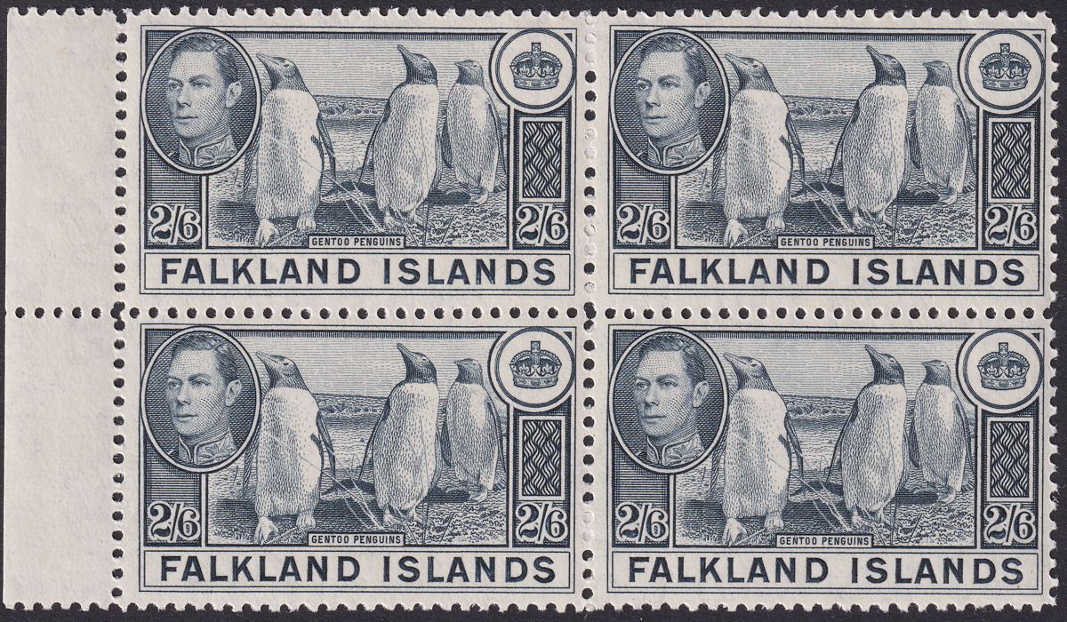 Falkland Islands 1944 KGVI Penguins 2sh6d Slate Marginal Block of 4 Mint SG160