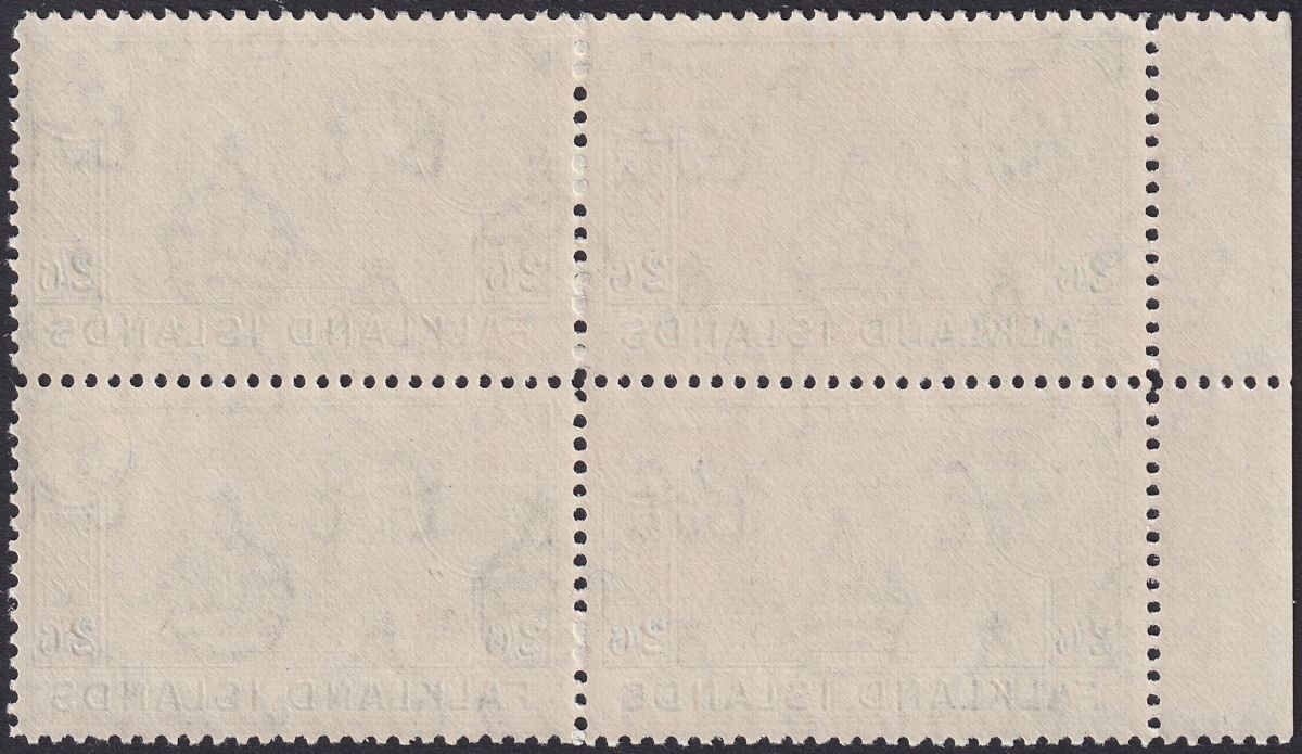 Falkland Islands 1944 KGVI Penguins 2sh6d Slate Marginal Block of 4 Mint SG160