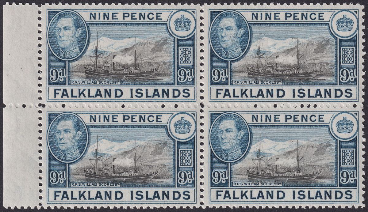 Falkland Islands 1944 KGVI 9d Brown-Black + Gr-Blue Block of 4 Mint SG157 c£112