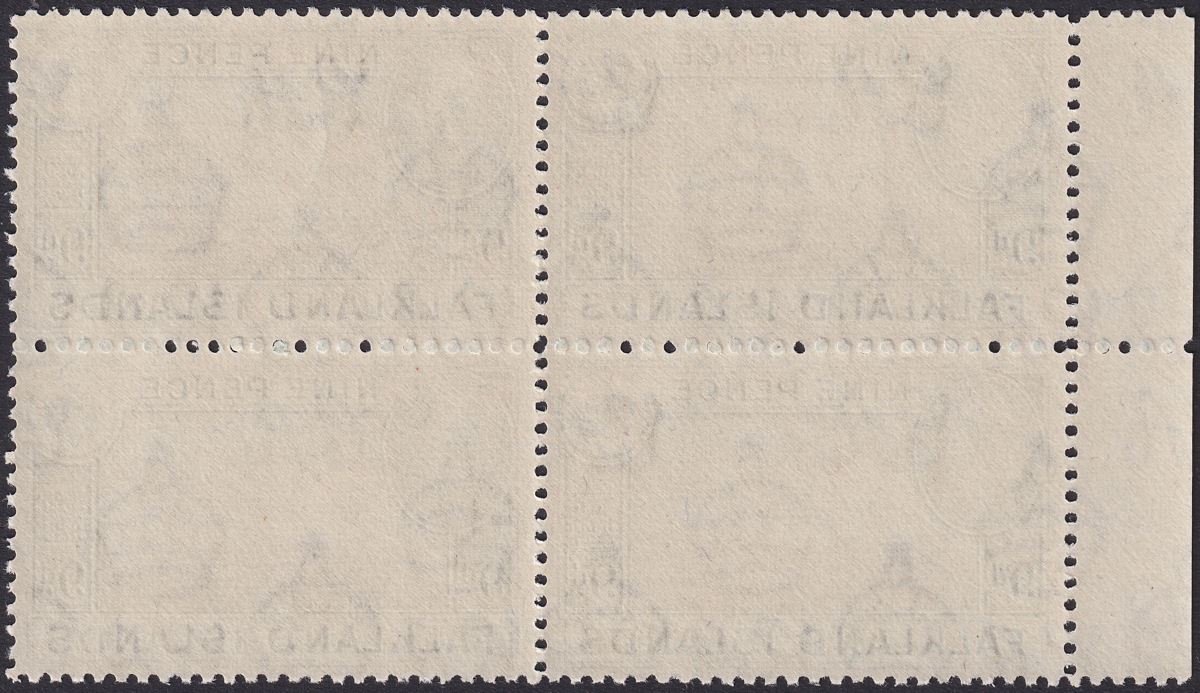 Falkland Islands 1944 KGVI 9d Brown-Black + Gr-Blue Block of 4 Mint SG157 c£112