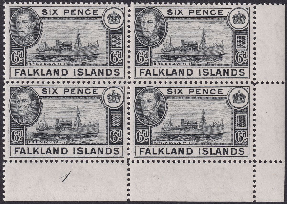Falkland Islands 1949 KGVI 6d Black Plate 1 Corner Block of 4 Mint SG156 cat £36