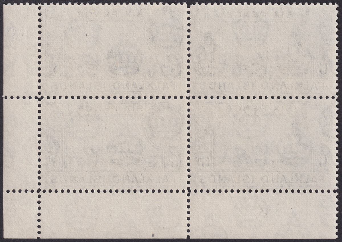 Falkland Islands 1949 KGVI 6d Black Plate 1 Corner Block of 4 Mint SG156 cat £36