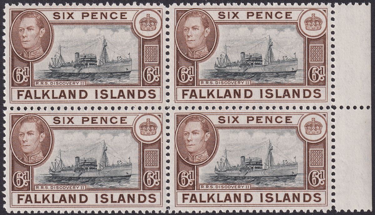 Falkland Islands 1944 KGVI 6d Slate-Black + Deep Sepia Block Mint SG155a cat £32