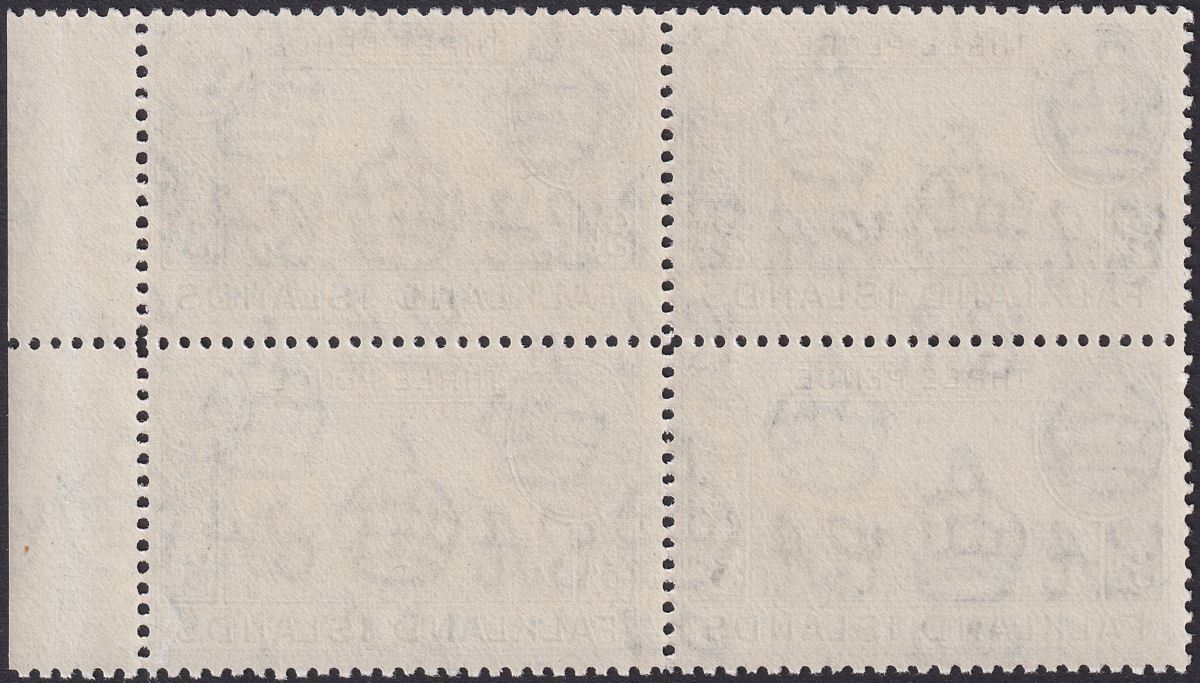 Falkland Islands 1944 KGVI 3d Black + Deep Blue Marginal Block of 4 Mint SG153a