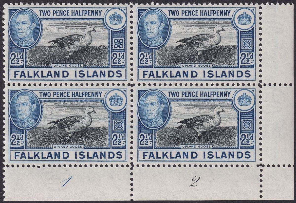 Falkland Islands 1949 KGVI 2½d Black and Blue Plate 1-2 Block of 4 Mint SG152
