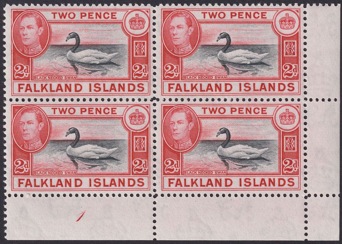 Falkland Islands 1941 KGVI 2d Black + Carmine-Red Plate 1 Block of 4 Mint SG150