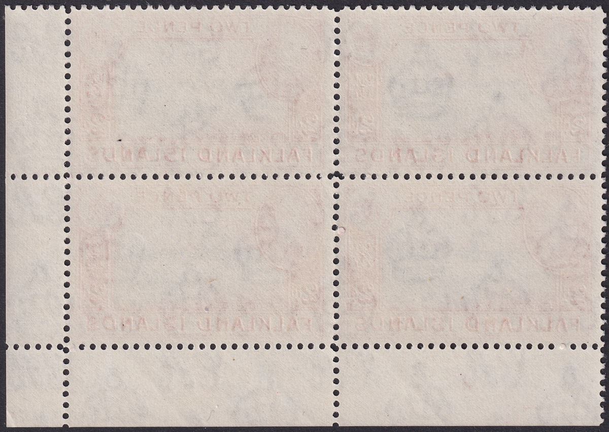 Falkland Islands 1941 KGVI 2d Black + Carmine-Red Plate 1 Block of 4 Mint SG150