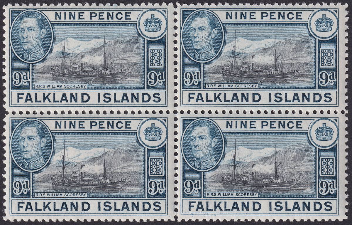 Falkland Islands 1938 KGVI 9d Black + Grey-Blue Block of 4 Mint SG157 c£112