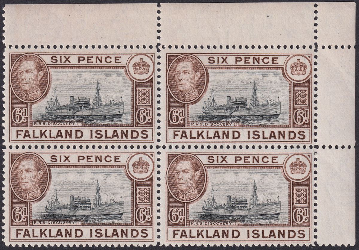 Falkland Islands 1944 KGVI 6d Slate-Black + Deep Sepia Block Mint SG155a cat £32