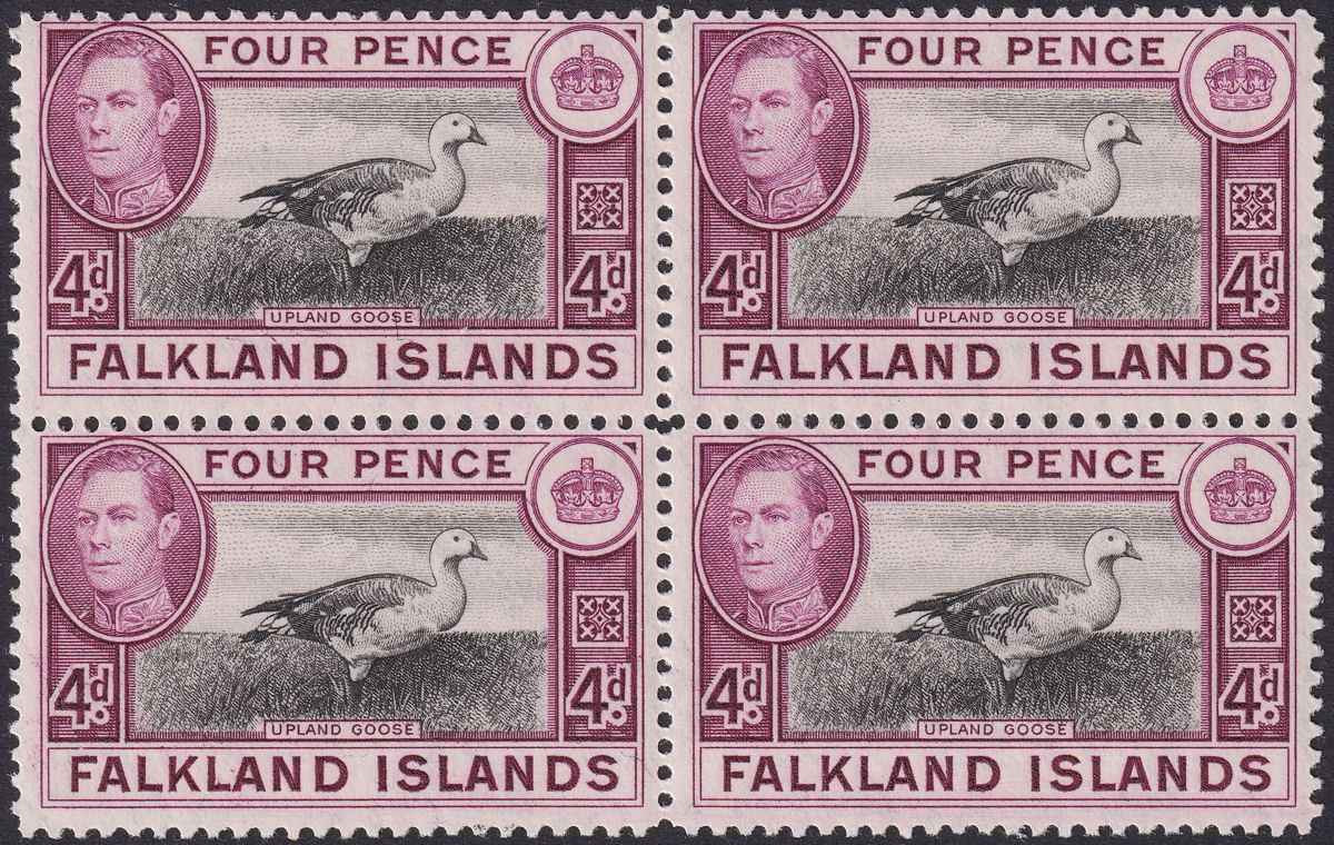 Falkland Islands 1944 KGVI 4d Black and Purple Block of 4 Mint SG154
