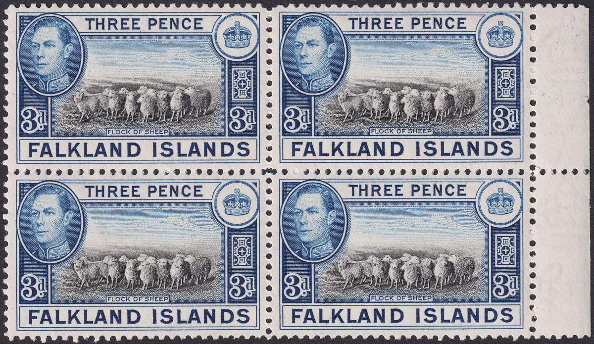 Falkland Islands 1944 KGVI 3d Black + Deep Blue Marginal Block of 4 Mint SG153a