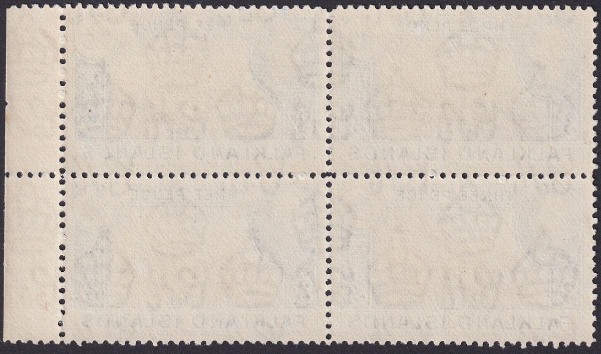 Falkland Islands 1944 KGVI 3d Black + Deep Blue Marginal Block of 4 Mint SG153a