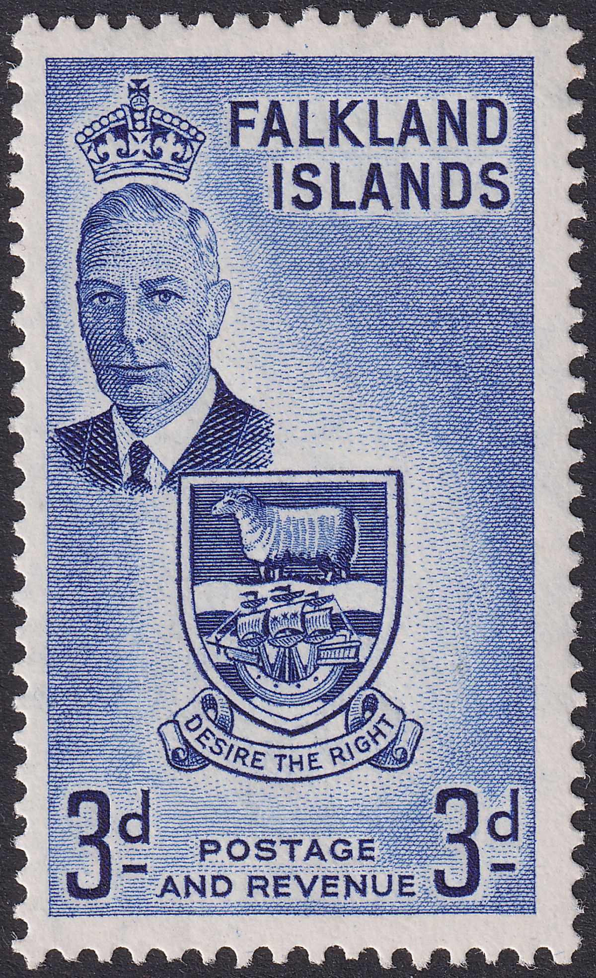 Falkland Islands 1952 KGVI 3d Blue with Variety Printer's T Mark Mint SG176v