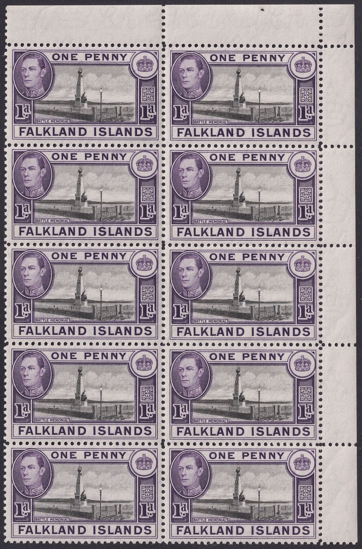 Falkland Islands 1941 KGVI 1d Blk + Violet Corner Margin Block of 10 Mint SG148