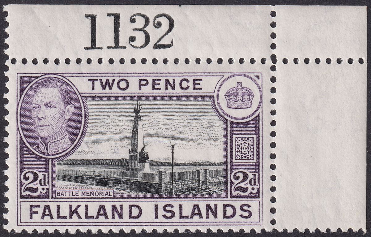 Falkland Islands 1938 KGVI 2d Black + Deep Violet w Sheet Number Mint SG149