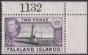 Falkland Islands 1938 KGVI 2d Black + Deep Violet w Sheet Number Mint SG149