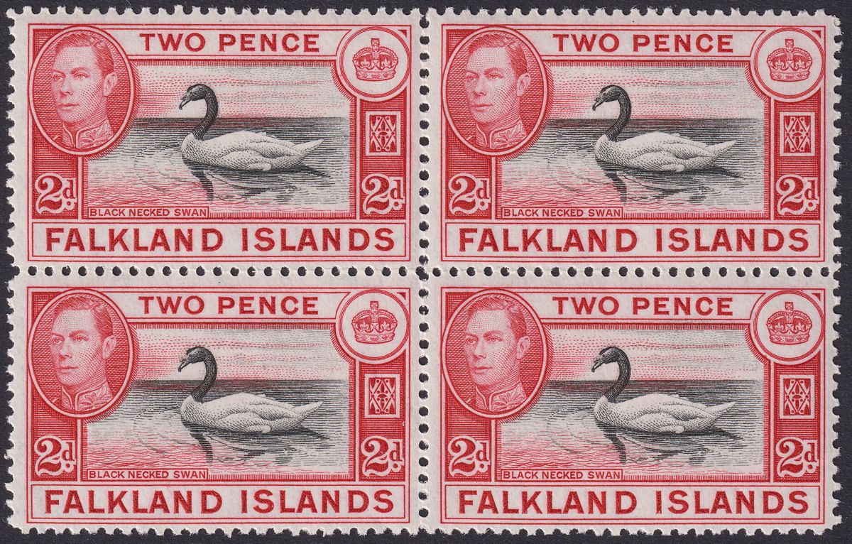 Falkland Islands 1941 KGVI 2d Black and Carmine-Red Block of 4 Mint SG150
