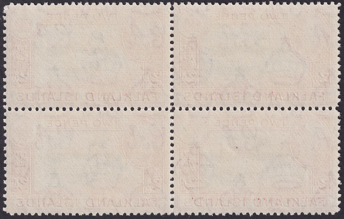 Falkland Islands 1941 KGVI 2d Black and Carmine-Red Block of 4 Mint SG150