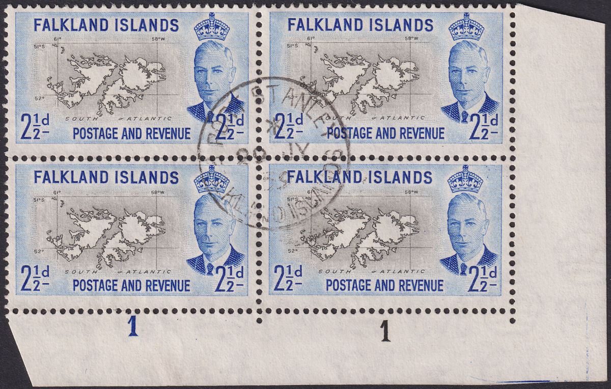 Falkland Islands 1959 KGVI 2½d Black + Ultram Plate 1-1 Block of 4 Used SG175