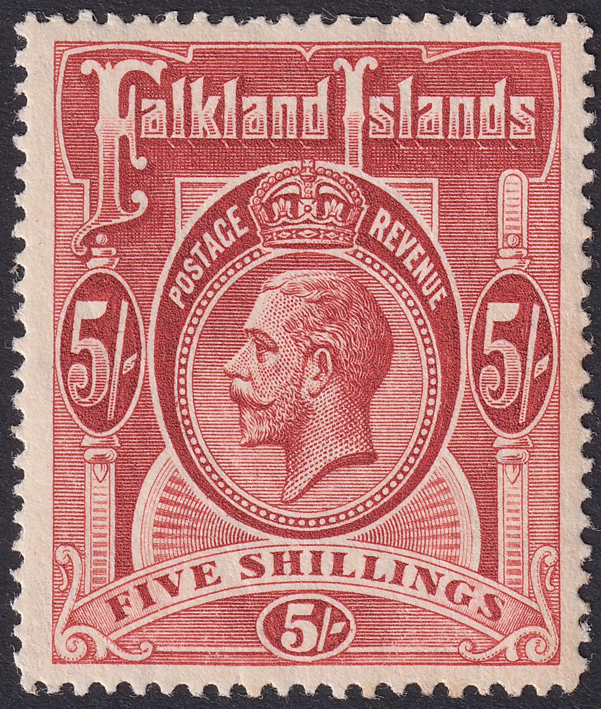 Falkland Islands 1912 KGV 5sh Deep Rose-Red Mint SG67 cat £130