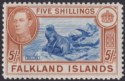 Falkland Islands 1949 KGVI 5sh Dull Blue and Yellow-Brown Mint SG161c cat £140
