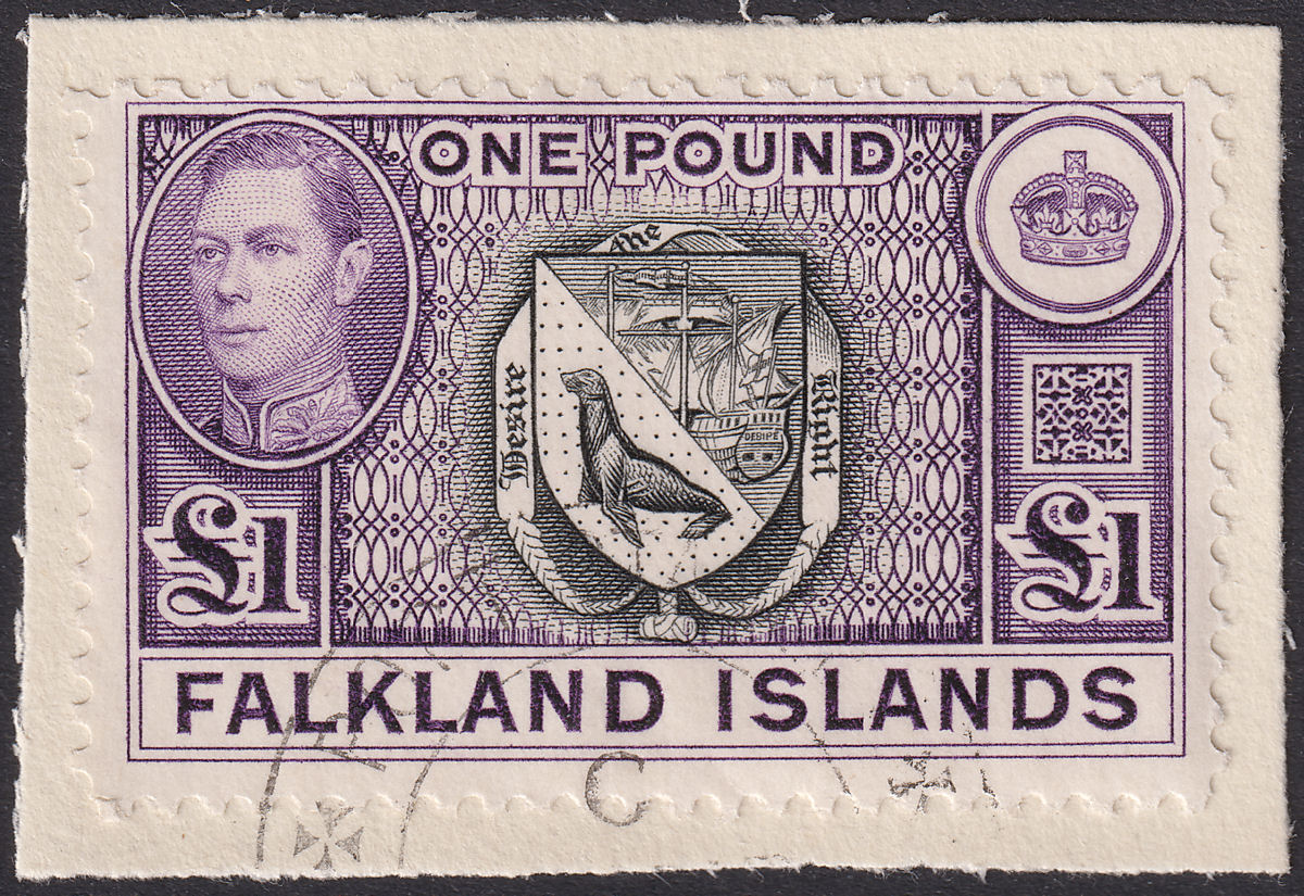 Falkland Islands 1938 KGVI £1 Black and Dull Violet Used on Piece SG163 cat £75