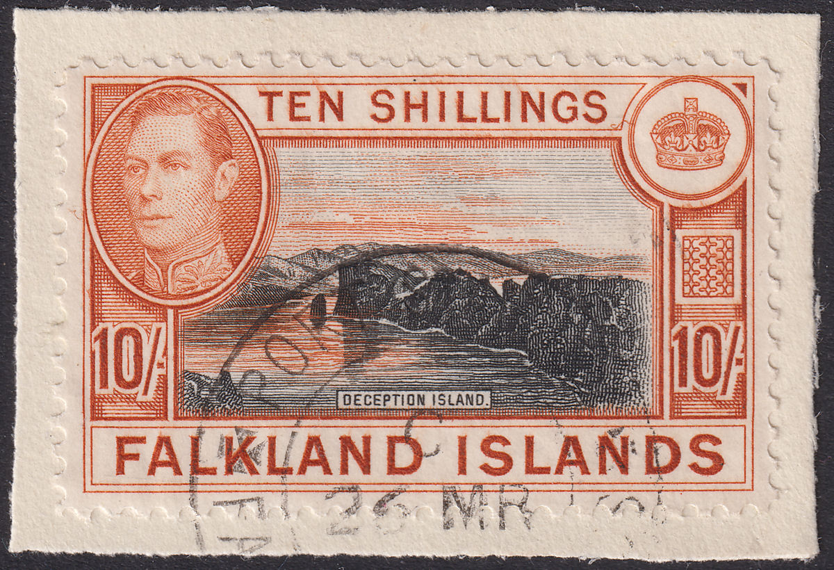 Falkland Islands 1938 KGVI 10sh Black + Orange-Brown Used on Piece SG162 cat £70