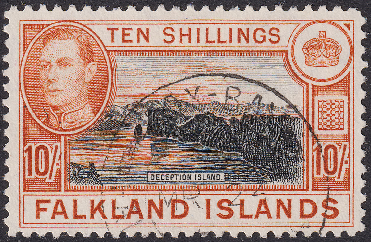 Falkland Islands 1938 KGVI 10sh Black + Orange-Brown Used FOX-BAY SG162 cat £70