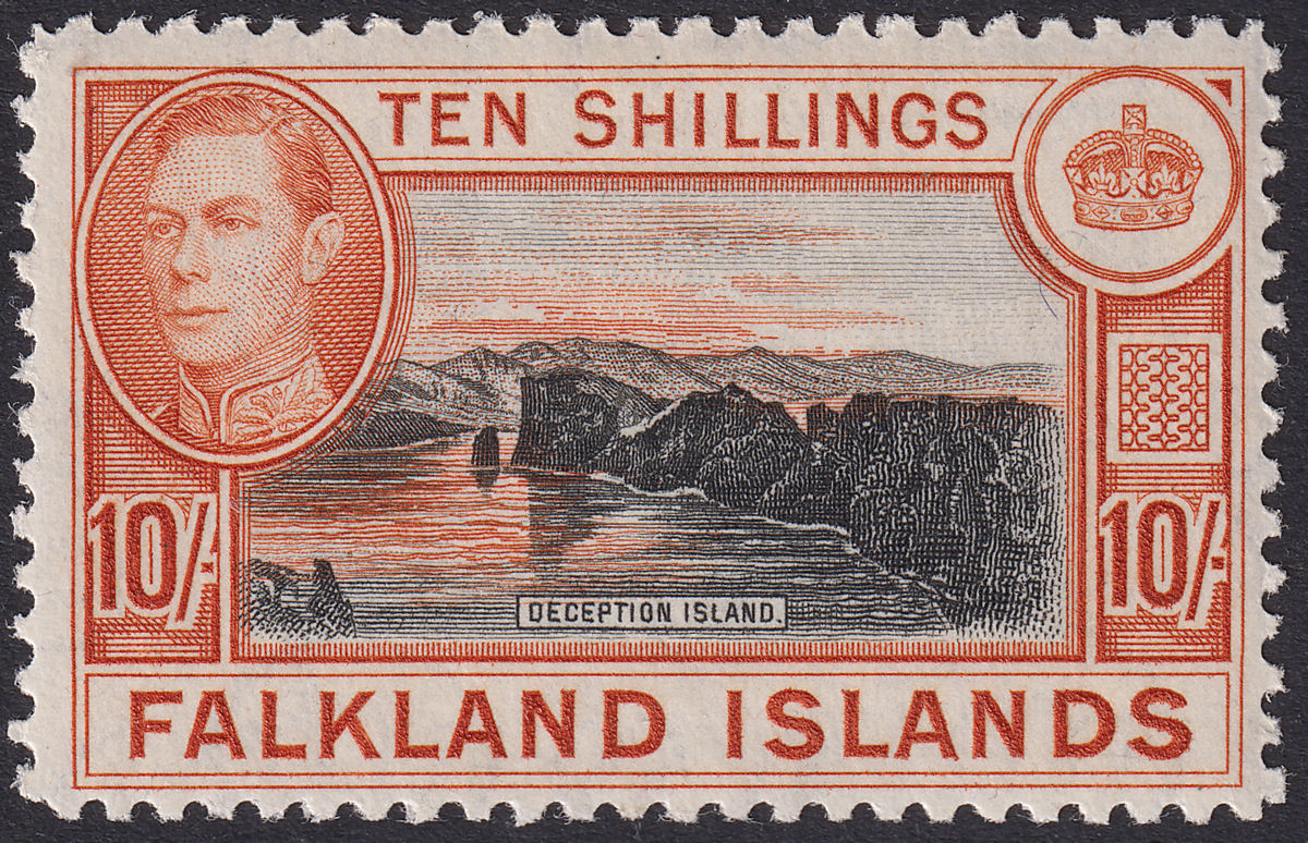 Falkland Islands 1949 KGVI 10sh Black and Red-Orange Mint SG162b cat £140