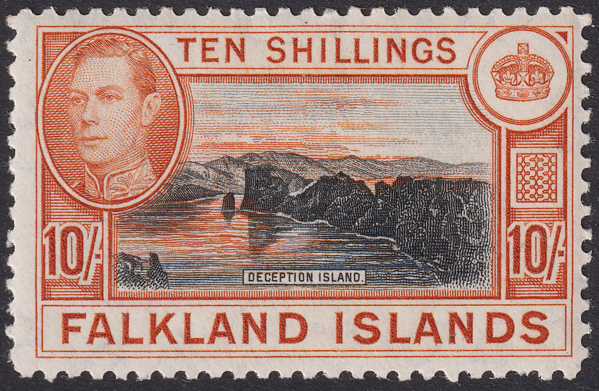 Falkland Islands 1949 KGVI 10sh Black and Red-Orange Mint SG162b cat £140