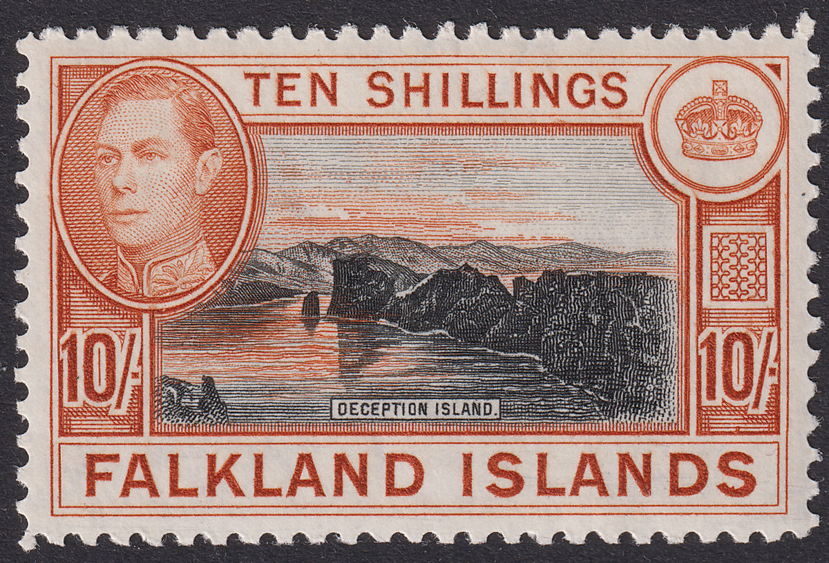 Falkland Islands 1949 KGVI 10sh Black and Red-Orange Mint SG162b cat £140