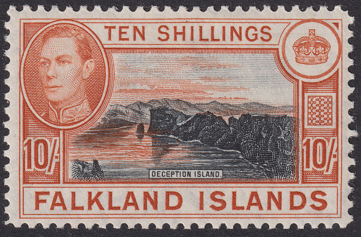 Falkland Islands 1950 KGVI 10sh Black and Deep Reddish Orange Mint SG162c