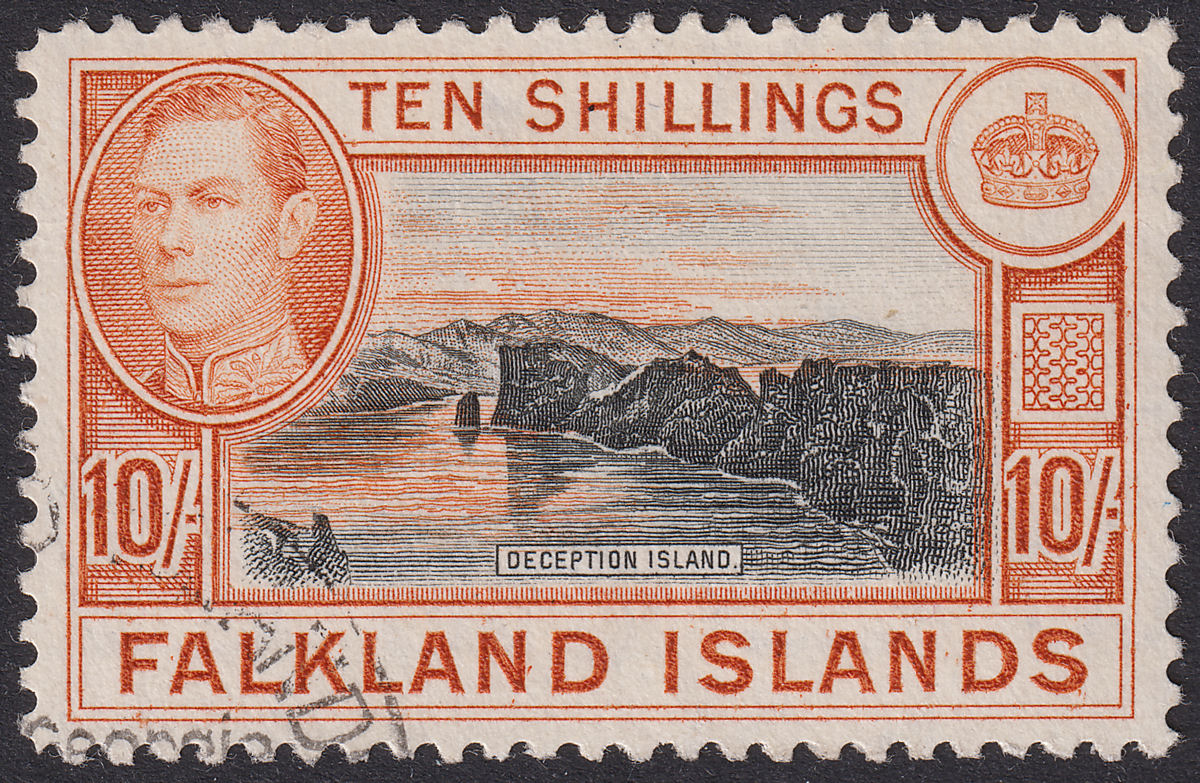 Falkland Islands used South Georgia 1942 KGVI 10sh Black + Orange Used SG Z87a