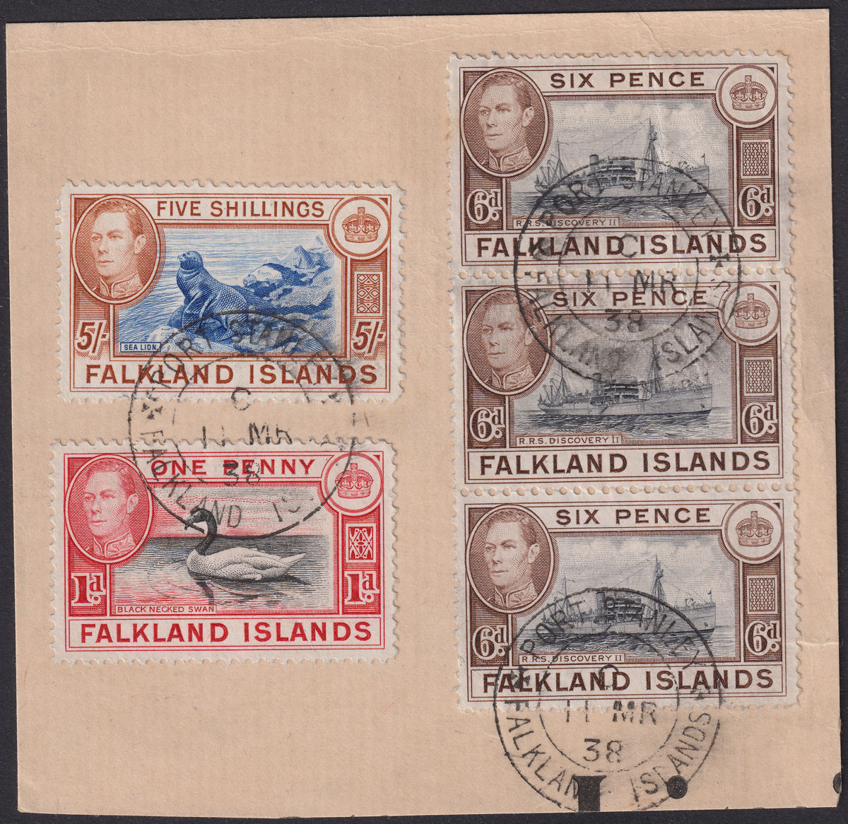 Falkland Islands 1938 KGVI 5sh, 6d x3 + 1d Used on Piece SG161