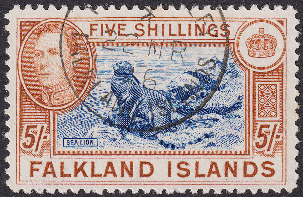 Falkland Islands 1938 KGVI 5sh Indigo and Pale Yellow-Brown Used SG161b cat £90